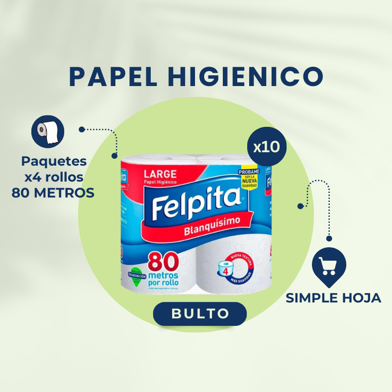 ¡BULTO COMPLETO! PAPEL HIGIENICO SIMPLE HOJA 10x4x80 MTS. FELPITA