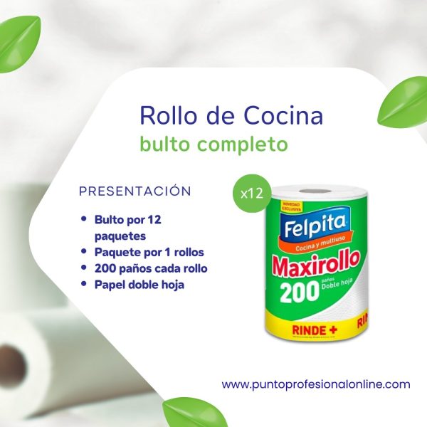 ¡BULTO COMPLETO! ROLLO DE COCINA 12X200 PAÑOS  FELPITA