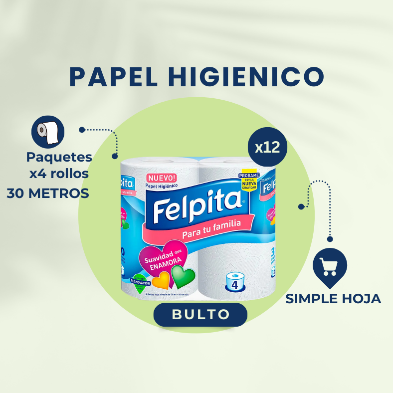 ¡BULTO COMPLETO! FELPITA PAPEL HIGIENICO BLANCO SIMPLE HOJA 12X4X30MTS
